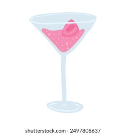 Illustration of a pink strawberry cocktail in a martini glass, featuring bubbles and a single strawberry garnish. Perfect for summer, parties, or refreshing, elegant celebrations.