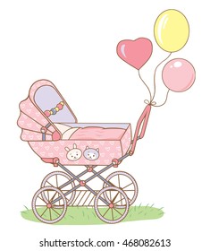Illustration of pink stroller with colorful balloons. Vector illustration of pink stroller with balloons isolated on white background.