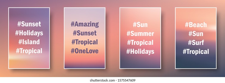 Illustration of pink  sunset and sunrise paper cards with text. Blurred modern gradient mesh background. Vector set.