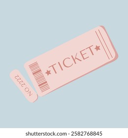 Illustration of a pink ticket with a barcode and number, set against a light blue  background. Simple ticket design, perfect for events or invitations. Aesthetic vector illustration.