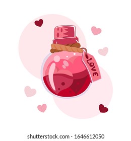 Illustration in pink tones. The magic potion. Elixir of love.