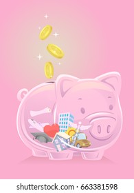 Illustration of a Pink Transparent Piggy Bank with a House, Car, Graduation Cap, Airplane, Medical Symbol and a Heart
