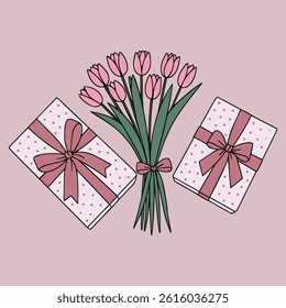 Illustration of a pink tulip bouquet with two ribbon-adorned gift boxes on a soft pastel background, symbolizing celebration, affection, and thoughtfulness