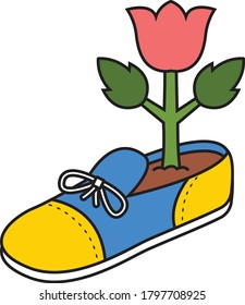 Illustration of a pink tulip growing out of a blue and gold shoe