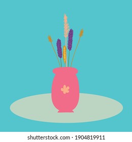 Illustration of pink vase with dried flowers on a blue background. Postcard, invitation letter, wall decoration template.