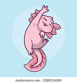 Illustration of a pink and very cute axolotl in cartoon style 