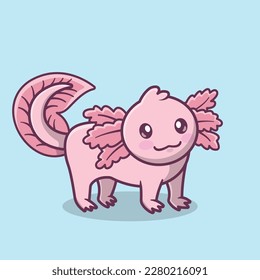 Illustration of a pink and very cute axolotl in cartoon style 