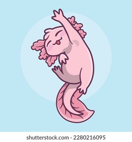 Illustration of a pink and very cute axolotl in cartoon style 