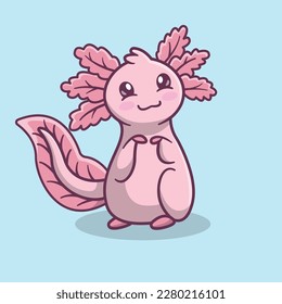 Illustration of a pink and very cute axolotl in cartoon style 