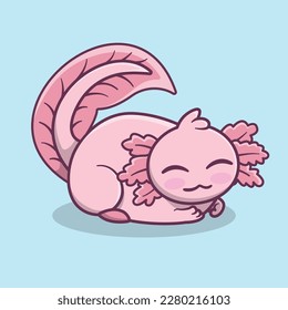 Illustration of a pink and very cute axolotl in cartoon style 