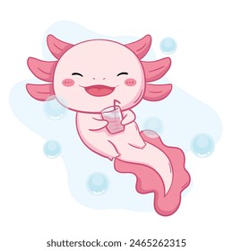 Illustration of a pink and very cute axolotl and drink in cartoon style.Vector cartoon Illustration suitable for poster, brochure, web, mascot, sticker, logo and icon.