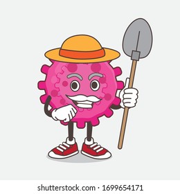 An illustration of Pink Virus cartoon mascot character with hat and farmer tools
