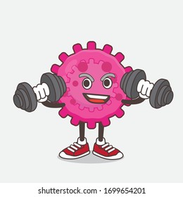 An illustration of Pink Virus cartoon mascot character on fitness exercise trying barbells
