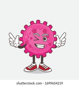 An illustration of Pink Virus cartoon mascot character with Winking eye