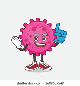 An illustration of Pink Virus cartoon mascot character holding a Foam finger