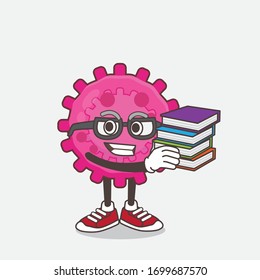 An illustration of Pink Virus cartoon mascot character studying with some books