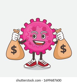 An illustration of Pink Virus cartoon mascot character holding money bags