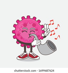 An illustration of Pink Virus cartoon mascot character playing music with trumpet