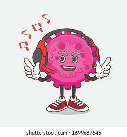 An illustration of Pink Virus cartoon mascot character Listening music on a headset