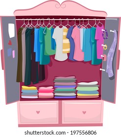 Illustration of a Pink Wardrobe Full of Women's Clothes