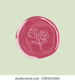 Illustration of a pink wax seal with a floral design on a light green background. The wax seal features a delicate flower, adding a vintage touch to the design. Aesthetic vector illustration.