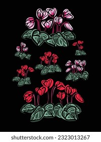Illustration of a pink-red cyclamen flower in full bloom on a black background svg