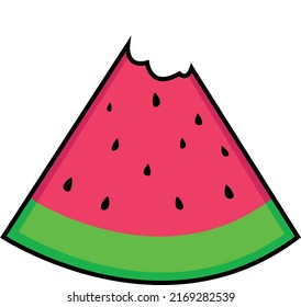 Illustration of a pink-red watermelon rind with a bite taken out of it. Has seeds. Geometric shading and a thick black border