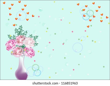 ilustración con rosas en jarrón y corazones rojos