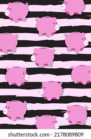 An Illustration Of Pinky Piggy Bank Pattern With Black Stripe Background