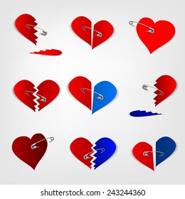The illustration of a pinned hearts set. Vector image.