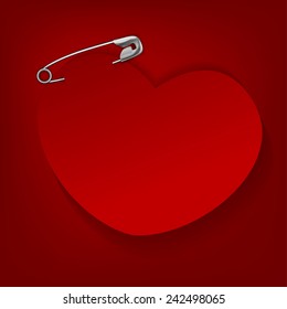The illustration of a pinned red heart. Vector image.