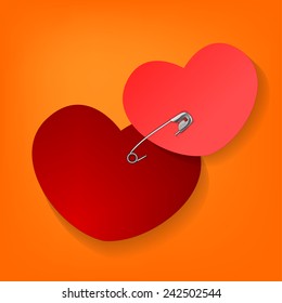 The illustration of a pinned red heart. Vector image.