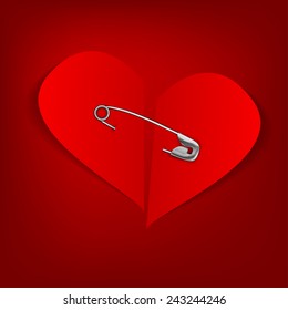 The illustration of a pinned red heart. Vector image.