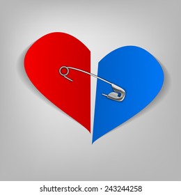 The illustration of a pinned red heart. Vector image.