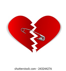 The illustration of a pinned red heart. Vector image.