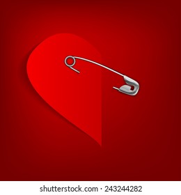 The illustration of a pinned red heart. Vector image.