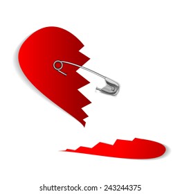 The illustration of a pinned red heart. Vector image.