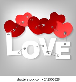 The illustration of a pinned red hearts. Vector image.