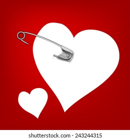 The illustration of a pinned red hearts. Vector image.