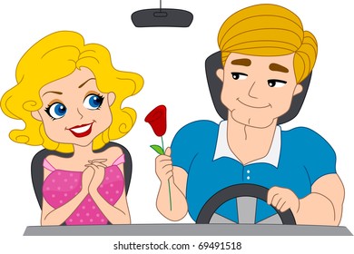 Ilustración de una pareja Pinuo sentada dentro de un Camión
