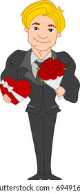 Illustration of a Pinup Guy Carrying Valentine Gifts