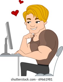 Illustration of a Pinup Guy Chatting with Someone Through the Internet