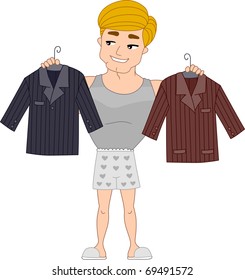 Illustration of a Pinup Guy Choosing Which Coat to Wear