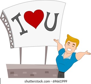 Illustration of a Pinup Guy Presenting a Billboard with a Romantic Message