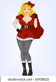 Illustration of a Pin-Up Woman Dressed in a Santa Costume Carrying a Bulky Sack