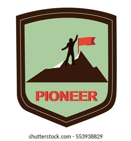 illustration pioneer climber on a mountain top hoisted flag. Vector.
