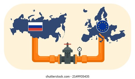 Illustration of a pipe with energy resources between Russia and the European Union. Deliveries of oil, gas between countries. Drawn style. Isolated objects on a light background.