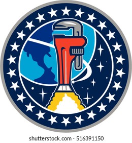 Illustration of a pipe wrench rocket booster orbitting earth space set inside circle with stars in the background done in retro style. 