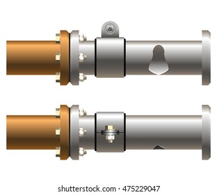 Illustration pipeline, flanges connection and hose clamp. Realistic pipeline details isolated on white background. 