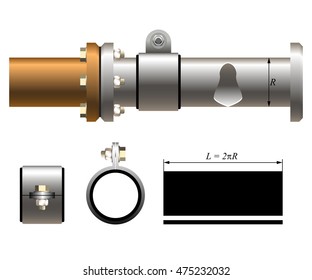 Illustration pipeline, flanges connection, hose clamp and rubber gasket. Realistic pipeline details isolated on white background. Technical drawing pipeline